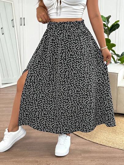 SHEIN Frenchy Plus Size Tropikalna Spódnica Damska Z Rozcięciem I Kwiatowym Nadrukiem