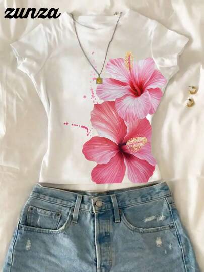 Blusa de manga corta con estampado floral casual y versátil para niñas preadolescentes en verano