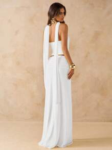 SHEIN BAE 2pcs Set: Pink Pleated Bandeau Crop Top & Low Waist Pleated Flounce Maxi Skirt, Mesh Material, Beach Vacation Outfit, Boho Backless Maxi Dress, Women Concerts Wear, Bridesmaid Dresses Set, Spring/Summer - White - View 2