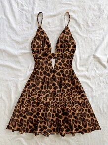 Soleia Vestido corto con escote en V, espalda descubierta y volantes con estampado de leopardo, estilo vacaciones/fiesta, adecuado para el verano