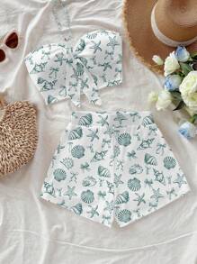Soleia 女士休闲假日蝴蝶结前短款上衣和紧身短裤套装，适合夏季和度假，海洋动物印花，贝壳印花，复古风格，休闲假日风格，性感风格，可爱，Y2K 椰子女孩，波西米亚风，音乐节，适合夏季 - 白色 - 查看 6