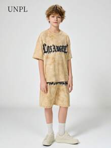 SHEIN New Arrival Boys Hip Hop Streetwear Slogan Print Round Neck Short Sleeve T-Shirt And Shorts Set - Mustard Yellow - View 1