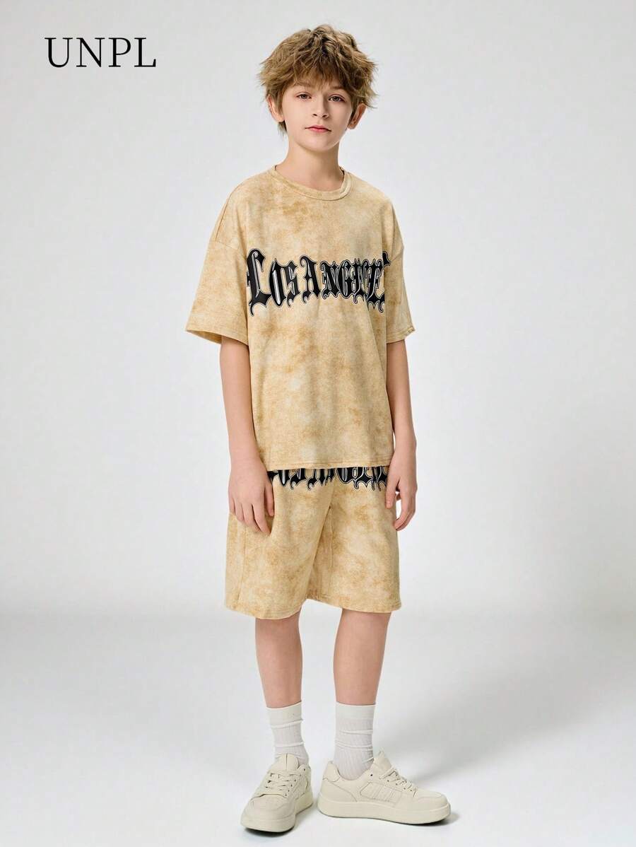 SHEIN New Arrival Boys Hip Hop Streetwear Slogan Print Round Neck Short Sleeve T-Shirt And Shorts Set - Mustard Yellow - View 1