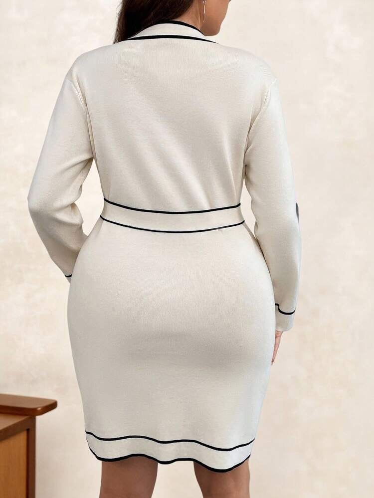 Plus Contrast Trim Button Front Belted Sweater Dress, For Winter Fall
