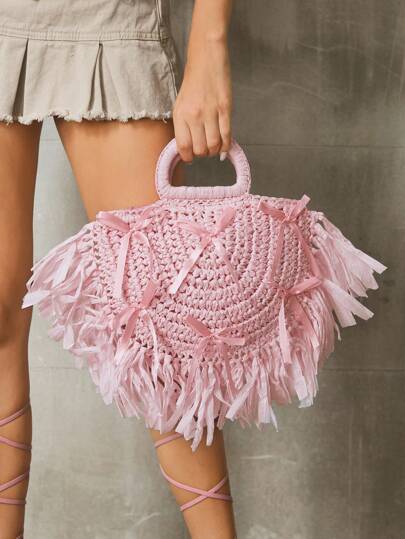 Kawaii Damen Handtasche mit Griff, schlicht geflochten, praktisch, multifunktional, pink