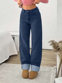 EURMUSE HIGH RISE STRAIGHT FOLDED UP HEM JEAN - Dark Wash - View 5