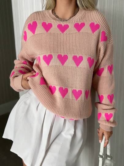 EURMUSE PLUS WOMEN ROMANTIC HEART PRINT COZY KNIT SWEATER Women Clothing Y2k