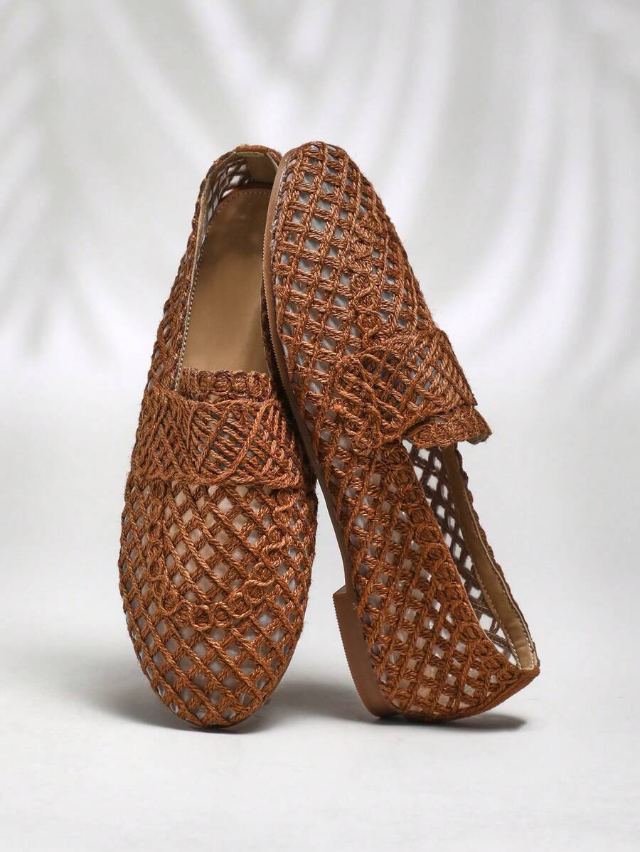 SHUZIA Ladies Summer Vacation Casual Crochet Raffia Loafer Flats - Maroon - View 1