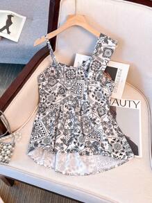 SHEIN Unity 不对称领口扭纹休闲简约度假波西米亚风格女式衬衫，春夏 - 黑與白 - 查看 2