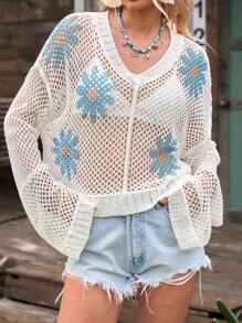 LanaWest Women's Loose Fit V-Neck Floral Hollow-Out Long Sleeve Sweater, Casual Everyday Wear Knit Pullover Fall Winter