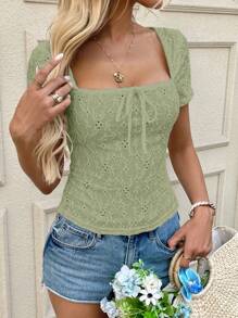 SHEIN LUNE 纯色纹理提花方领短袖蝴蝶结装饰迷你女式 T 恤，春夏 - 綠色 - 查看 3