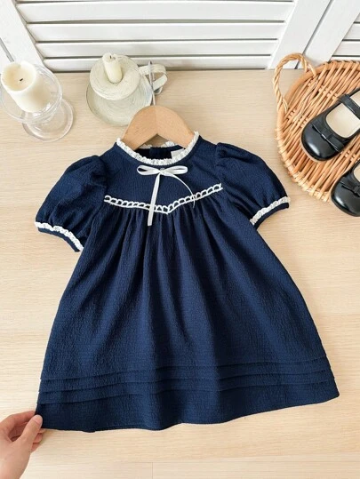 SHEIN 可爱海军蓝宽松夏季短袖连衣裙，适合女宝宝