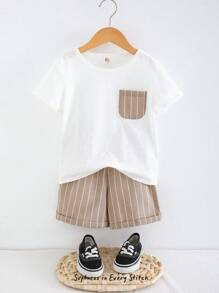 Cozy Pixies Conjunto de 2 piezas de niño con decoración de bolsillo, top de manga corta de cuello redondo y shorts de cintura elástica