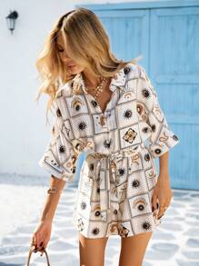 Vivid Eden 女式正面纽扣全印花正面系带休闲连身裤 - 黑與白 - 查看 1