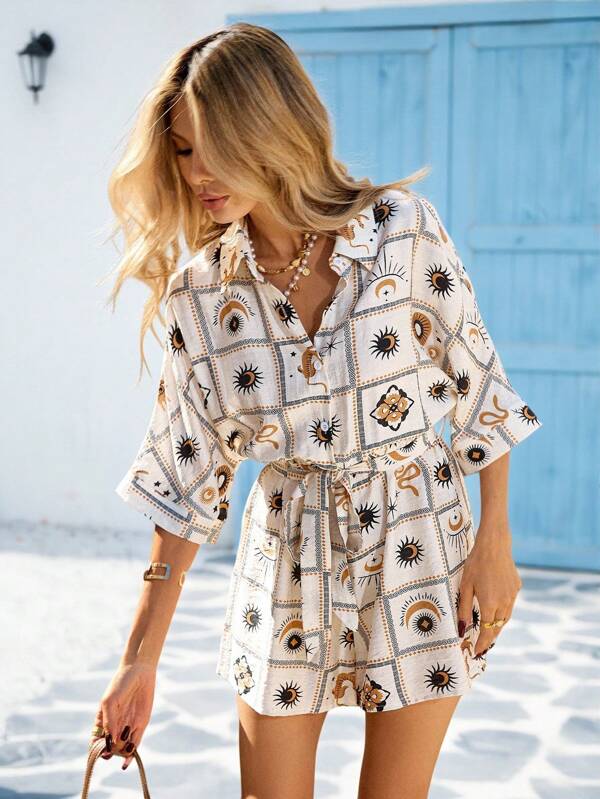 Vivid Eden Women's Front Button Allover Print Front Tie Casual Jumpsuit,Vacation Outfits Woman,Sundresses For Vacation,Beach Vacation Outfits,Tropical Vacation Woman Clothes,Summer Outfits For Women,Everyday,Casual