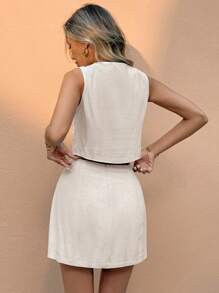 SHEIN Frenchy 2件套女士纯色单排扣背心和侧开衩裙裤 - 杏色 - 查看 3