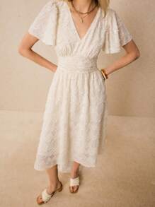 Poéselle 女士休闲荷叶边袖收腰 V 领中长连衣裙，日常穿着 - 白色 - 查看 5
