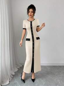 Elenzga 女士春夏派对、都市、名媛、法式时尚、可爱性感修身短袖开衫连衣裙。全新休闲日常拼布圆领纽扣拼色针织长裙，情人节度假风 - 杏色 - 查看 4