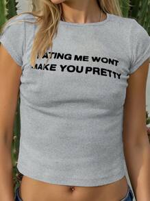 Jouncy 女士撞色字母印花圆领短袖T恤图案T恤女式上衣 - 灰色 - 查看 5