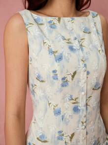 Enchnt Vestido mini de mujer con estampado floral elegante y romántico, sin mangas y con botones