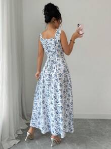 Rafferiza Square Neck Sleeveless Pastoral Style Long Women's Dress Female Beach Wear Women's Casual Dress