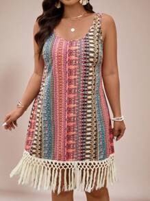 SHEIN VCAY 加大码夏季海滩度假无袖全印花流苏连衣裙，母亲节礼物，复活节服装，女士度假服装，女士演唱会服装，女士毕业礼服，女士西装 - 彩色 - 查看 5