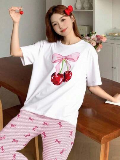 青少年女孩休闲时尚花卉印花圆领短袖上衣和宽松条纹蝴蝶装饰裤 2 件套睡衣套装，舒适家居服