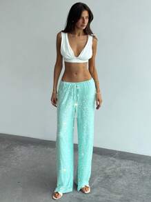 Aloruh Pantalones casuales y elegantes con cintura de cordón, parches brillantes y lentejuelas para mujer, ideales para vacaciones en la playa, estilo bohemio tropical, conciertos, festivales, country, Ibiza, Nashville, estilo occidental bohemio, streetwear tropical, Gyaru, verde menta, pantalones de lentejuelas frescos, otoño