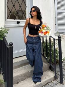 Muchica Plus Size Women Casual Loose Fit Letter Graphic Pocket Wide Leg Jeans - Blue - View 4