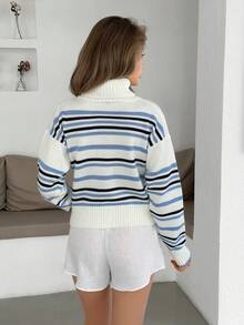 EURMUSE Áo len chui đầu sọc cổ cao ấm áp cho nữ - trắng - Xem 2