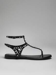 SHUZIA Women Fashionable Punk Studded Flat Sandals, Versatile Summer Shoes Spring Shoes Spring Break Easter Vacation Shoes Casual Shoes Beach Shoes Mother's Day Present