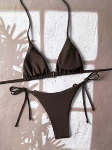 SHEIN Swim Conjunto de 2 piezas de bikini sexy de color marrón con estampado de conchas marinas para mujeres - Marrón - Ver 2