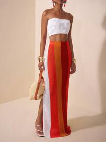 Zivah 2025新款夏季休闲度假日常约会沙滩装欧美街头风辣妹性感抹胸露脐修身针织白背心+长款半身包臀裙橘色卡其色酒红色白条纹毛呢长裙女士毛衣两件套两件夏季夏装2件 - 彩色 - 查看 4