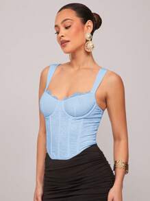 Silquee 女式百搭紧身拼接蕾丝背心，弧形下摆花卉蕾丝束身衣上衣，适合春假、海滩度假、夜间外出、女生聚会、海滩派对、泳池派对、节日、休闲派对、小屋度假、日常穿着 - 淺藍色 - 查看 6