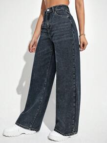 女式休闲街头风格宽松口袋牛仔裤 - 藍色 - 查看 3