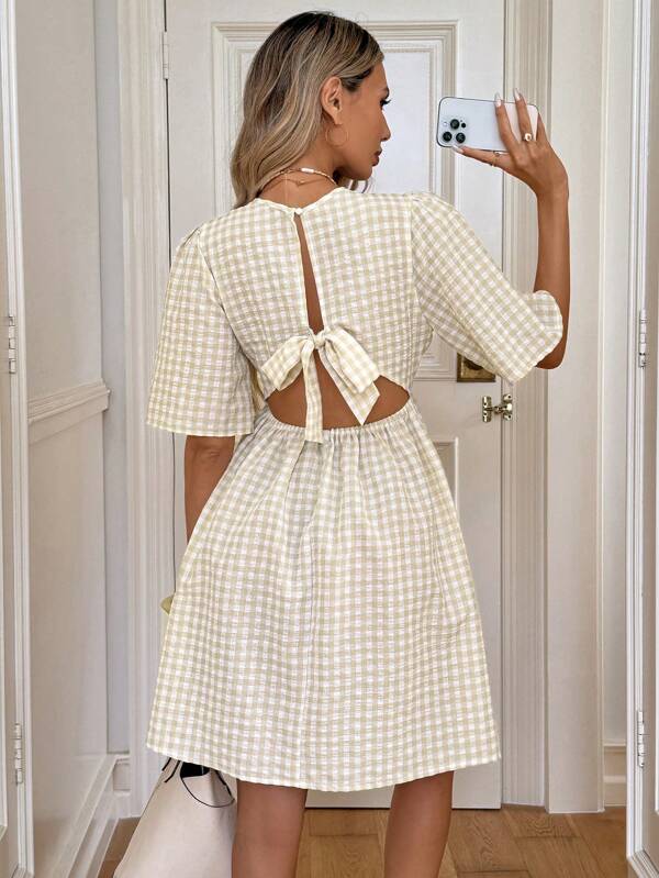 SHEIN LUNE Rochie mini casual pentru femei, în carouri, cu mânecă scurtă și fundă încrucișată la spate, pentru vacanță și naveta zilnică