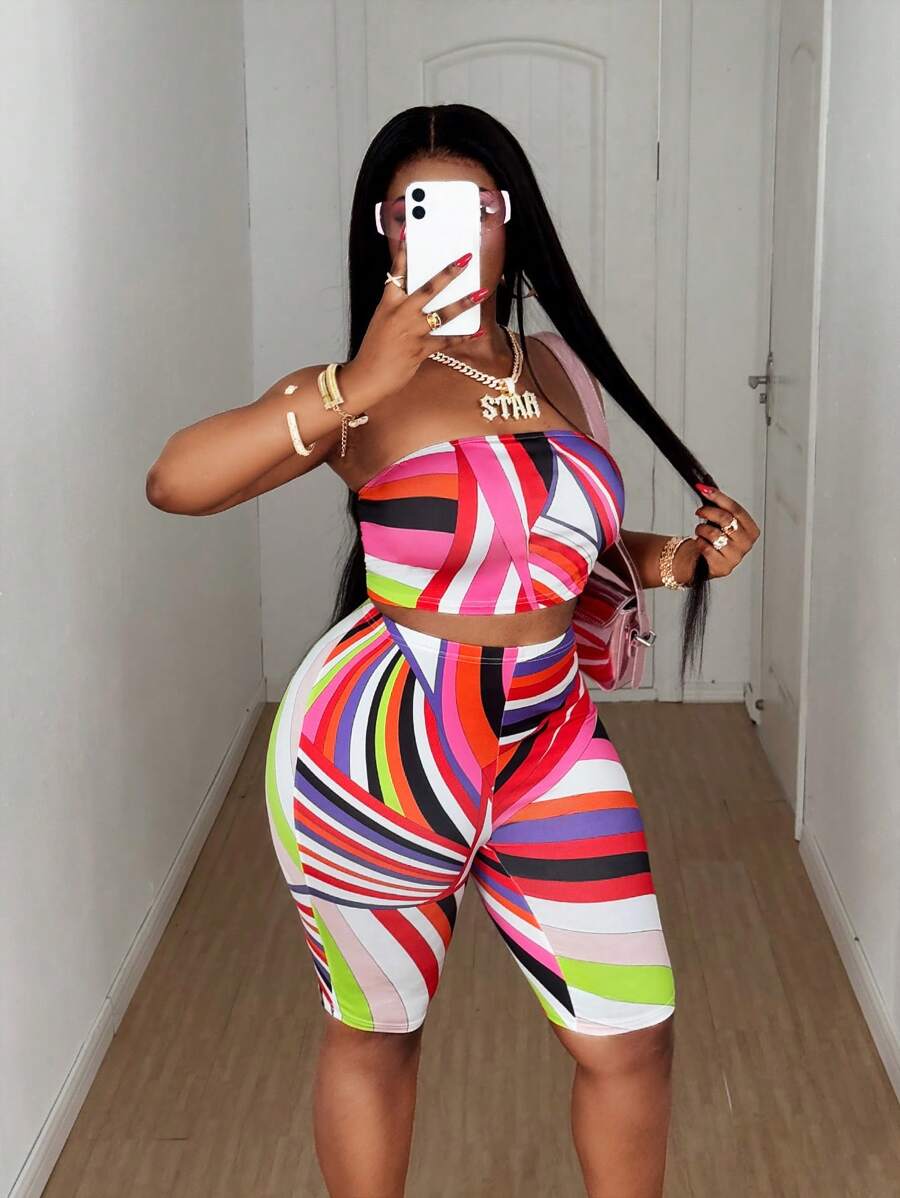 Maweii 2pcs Plus Size Women Summer Tube Top Vacation Sexy Top & Casual Bermuda Shorts Set - Multicolor - View 1