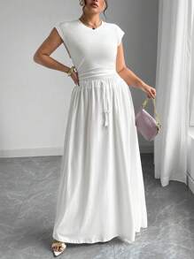 Flirla 大码女式夏季休闲简约纯色蝙蝠袖T恤和系腰超长裙套装 - 白色 - 查看 5