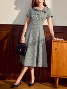 Vintamour 复古优雅女士修身格子连衣裙，领口短袖中长连衣裙，春夏婚礼宾客礼服女士夏季连衣裙女士节日服装毕业礼服节日服装女士生日礼服女士商务休闲女士教师服装 - 淺綠色 - 查看 4