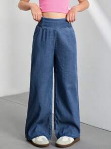 Sparklyn Tween Girls High Waist Wide Leg Blue Casual Jeans, Loose, Suitable For Vacation & Daily Casual Wear, Summer, Y2k Pants Girls, Girls Summer Outfits,Tops, School, Campus, College Summer Holiday Fall Winter - Dark Wash - View 3