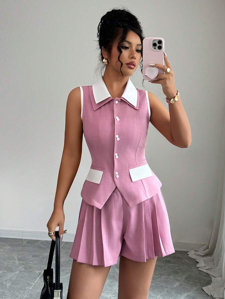 SHEIN Clasi 2pcs/Set Women Sleeveless Elegant Chiffon Top And Shorts/Skirt Suit - Pink - View 1