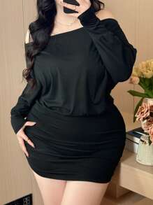 Vibekara Vestido ajustado de talla grande de unicolor elegante con hombros descubiertos y mangas tipo murciélago - Negro - Ver 4