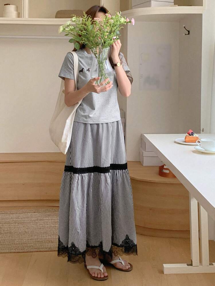 Women's Summer Round Neck Short Sleeve Top And Plaid Lace Splice Skirt, 2 Pieces Set, Casual