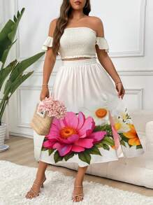 Flirla 2pcs Plus Size Vacation Floral Print Solid Color Tube Top And Skirt Set - Apricot - View 1