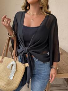 Plus Size Women's Casual Solid Color Bell Sleeve Thin Jacket Winter Fall Autumn - Black - View 3