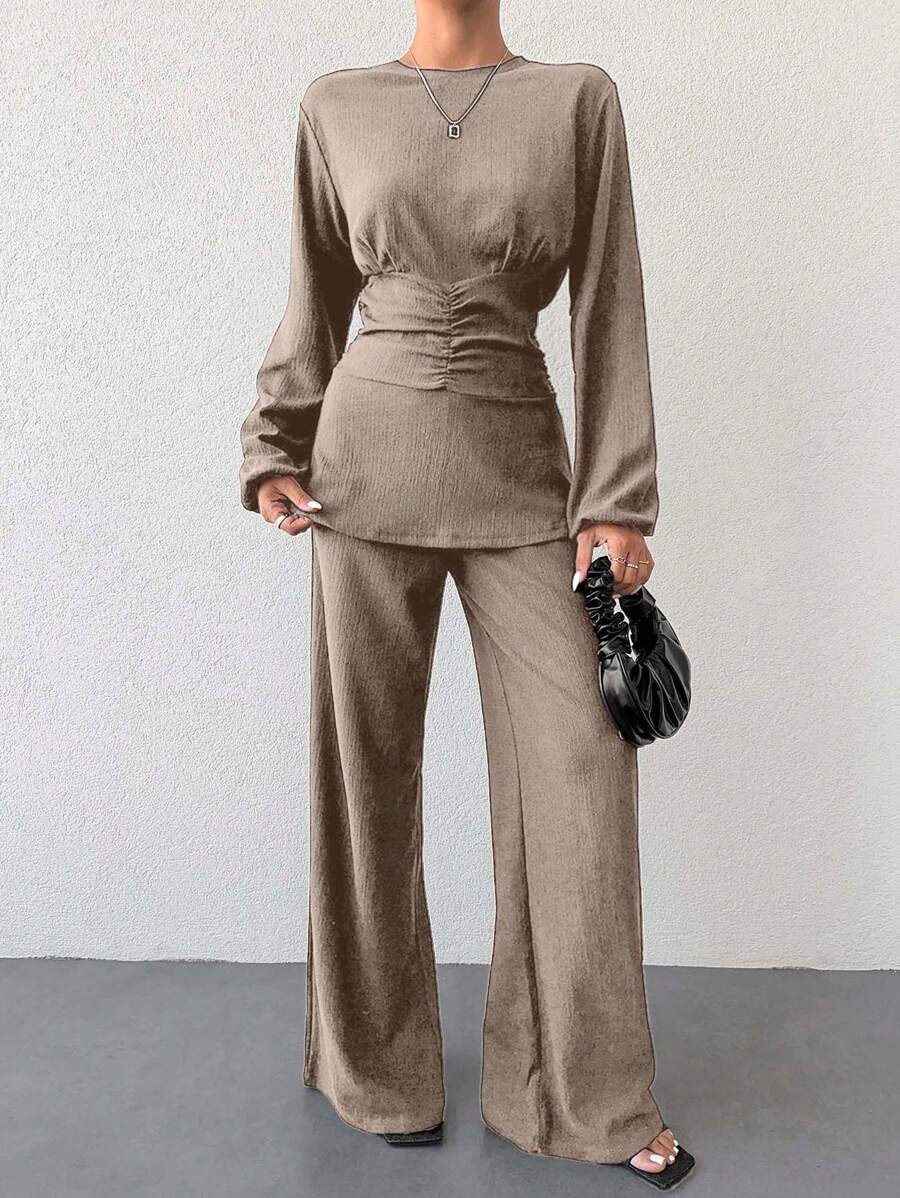 2pcs/Set Women Solid Crew Neck Lantern Sleeve Top With Ruched Waist And Pants - Beige - View 1