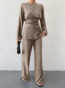 2pcs/Set Women Solid Crew Neck Lantern Sleeve Top With Ruched Waist And Pants - Beige - View 5