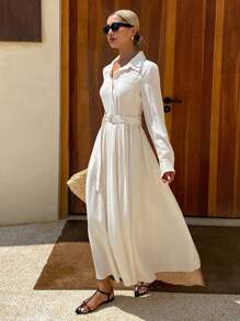 Livesso Vestido camisero de verano para mujer con cuello alto, cintura ceñida y falda acampanada hasta la pantorrilla de lino, vestido largo de manga larga de otoño estilo bohemio para vacaciones - Blanco - Ver 4