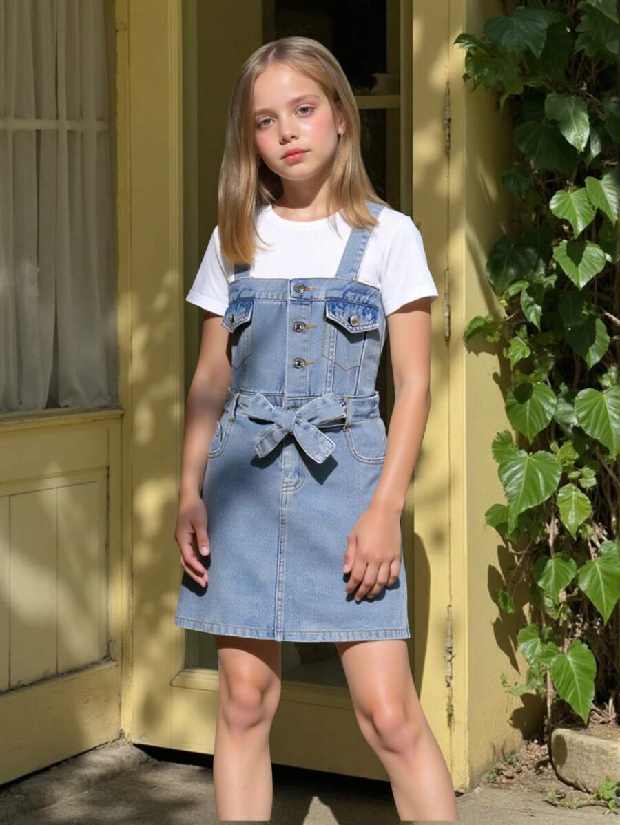 Tween 女童休闲简约百搭街头时尚蝴蝶结腰带修身浅蓝色水洗柔软牛仔吊带连体裤连衣裙，2025 春夏新品，适合日常穿着、休闲场合、派对
