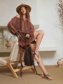 Styleloop Women's Flat Sandals With Rhinestone Sunflower Beaded Thong Strap Low Heel - Brown - View 3